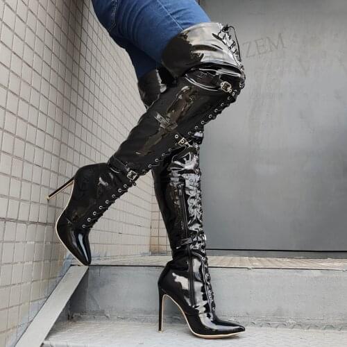 BERZIMER Women Over Knee Heels Boots Shiny Pointed Toe Thin Heels Side Zip Zapatos Mujer Party Shoes Woman Big Size 41 44 48