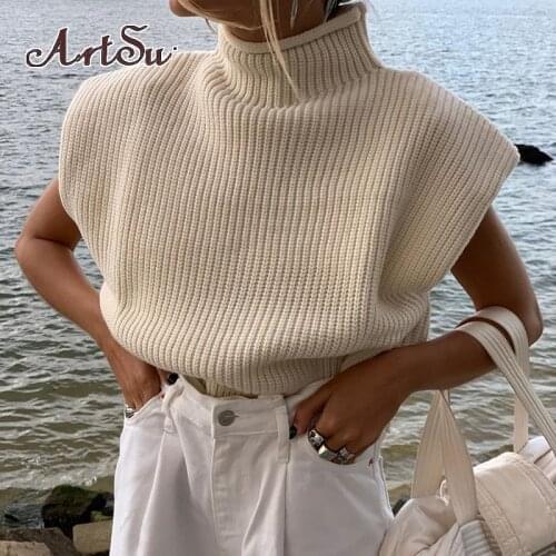 Artsu Sleeveless Turtleneck Solid Ribbed Knitted Sweater Autumn Winter Women Fashion Casual Outfits Loose Jumper 42148