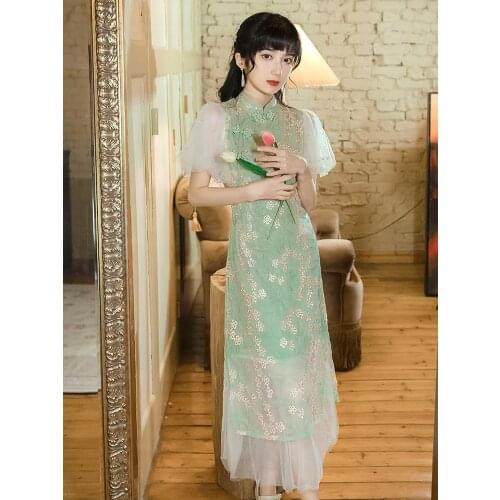 Modern Fashion Girl Vintage Improved Dress 2021 Summer Women Mesh Beaded Lace Embroidered Dress