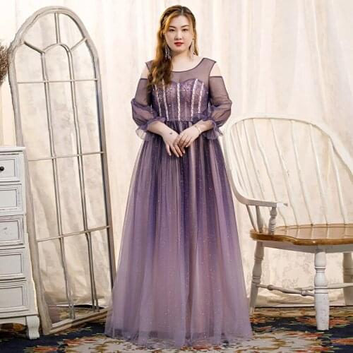 Evening Dress Beads O-Neck Lace Up Empire Full Sleeves Luxurious Sequins Floor-Length Tulle Plus Size Women Formal Gowns D856