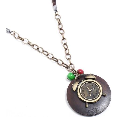 Vintage Retro Alloy Alarm Clock Long Leather Chain Necklace Big Pendants Statement Time Management Women Casual Fashion Jewelry