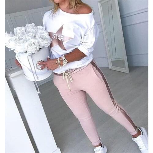 2020 New womens Two Piece womens Suit Star Print Top And Drawstring Design Pants Fashionable Casual Ladies Suit