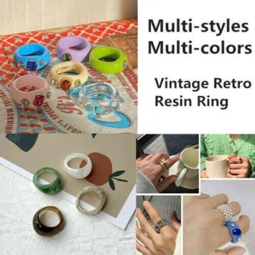 Ladies New Vintage Fashion Printing Grain Resin Ring Square Cool Wind Ring Wide Colorful Ring Finger Acrylic Rhinestone Band