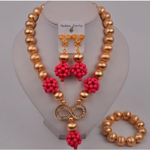 Dubai Gold Fuchsia Pink Costume Necklace African Jewelry Set Nigerian Wedding Bridal Set