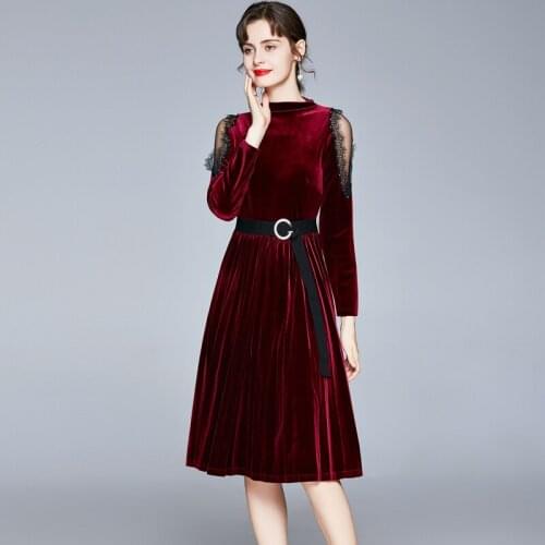 ZUOMAN Women Winter Elegant Velvet Dress Festa High Quality Long Vintage Party Robe Femme Mesh Designer Wine Pleated Vestidos