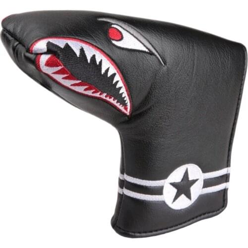 1Pc Black PU Leather with Shark Embroidery Magnet Golf Blade Putter Head Cover Golf Club Putter Headcover