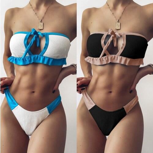 Women’s Color Blocking 2Pcs Bikini Suit, Strapless Hollowed Lace-up Tops with Patchwork Triangle Bottoms