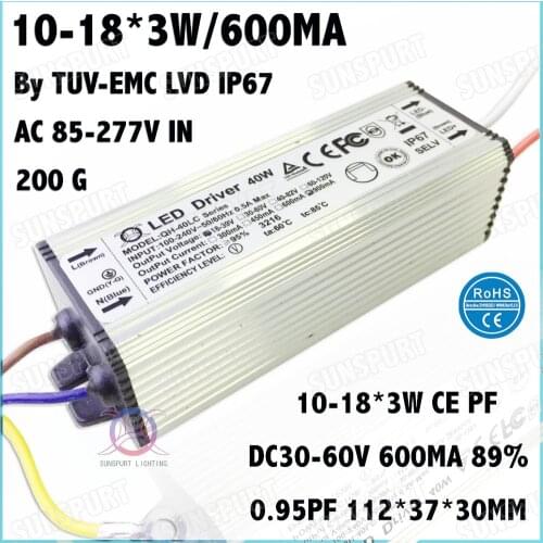 3 Pcs TUV-CE PFC IP67 40W AC85-277V LED Driver 10-18x3W 600mA DC30-60V Constant Current LED Power For Ceiling Lamp Free Shipping