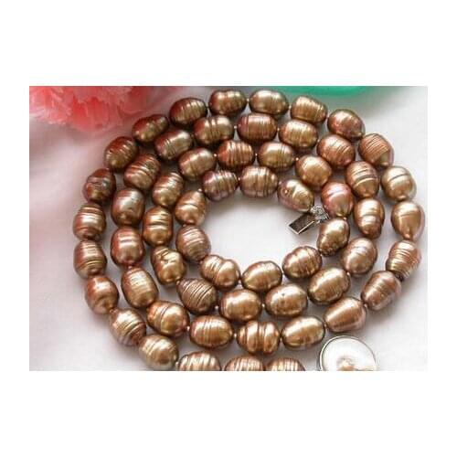 32" 14mm coffee rice lines freshwater pearl necklace plated