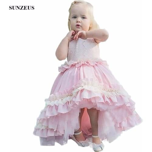 Ball Gown Pink Flower Girl Dress Short Front Long Back Wedding Party Gowns With Ruffles FLG027