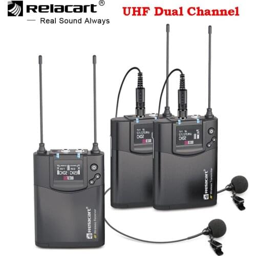 Relacart CR1 CR2 Wireless Transmitter System Microphone Professional UHF Dual Channel Video interview Recording Mic YouTube