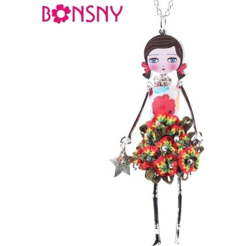 Bonsny French Doll Necklace Dress 2015 New Long Chain Doll Pendant Acrylic Alloy Star Girl Women Flower Fashion Jewelry Cute