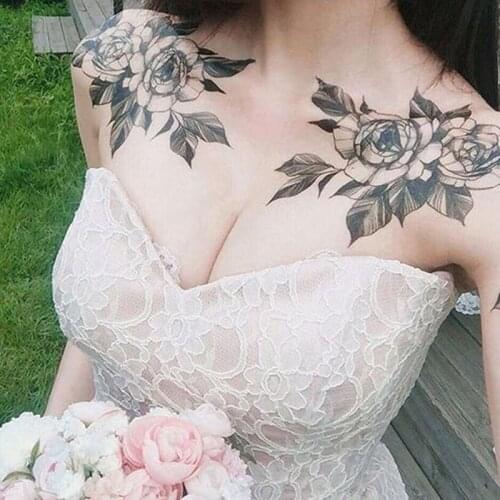 Black Rose Flower Tattoo Sleeves Temporary Tattoo Water Transfer Tatoo Sticker Peony Rose Tattoos Body Art Tatoo Girl Arm Tatto