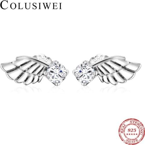 Coluisiwei Genuine 925 Sterling Silver Feather Angle Wings Stud Earrings for Women Fashion Silver Jewelry Christmas Gift 2020
