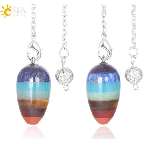 CSJA Hot Sale Natural Stone Pendulum Wicca Divination Pendant Small Gyro Egg Shaped Yoga 7 Chakra Healing Beads for Jewelry F359