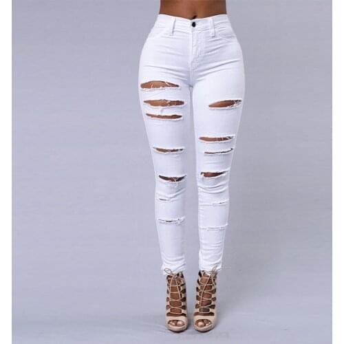 2021 New Fashional Simple Casual Womens Solid Color Hole Pockets No Elastic High Waist Slimming Pencil Jeans Nine-cent Trousers