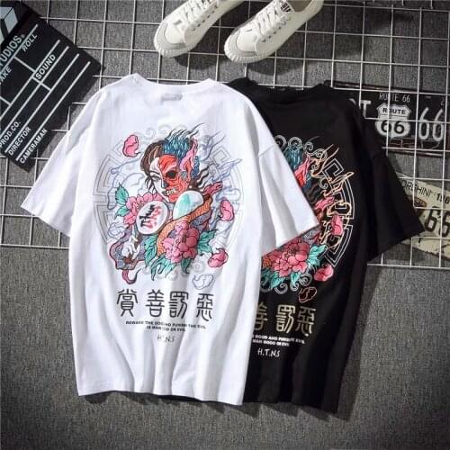 Harajuku Reward Good And Punish Evil Printing T-shirt Male Casual Couple Tshirt Hip hop Japanese Style Retro T shirt Men WGTX188