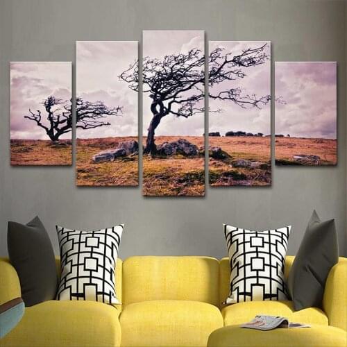 JIE DO ART Prints Posters Living Room Wall Art Modular Pictures 5 Pieces Dead trees Landscape Paintings Home Decor