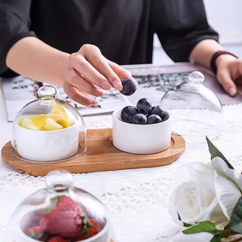 Ceramic Mixing Bowl Salad Plate with Glass Lid Creative Wood Tray Tableware Set Household Snack Dried Fruit Cake Ice Cream Plate