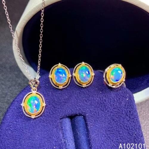 KJJEAXCMY fine Jewelry 925 sterling silver inlaid natural opal noble pendant ring earring set support test Chinese style