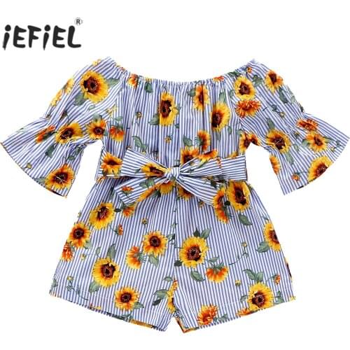 Summer Toddler Kids Jumpsuit For Newborn Infant Baby Girl Off-Shoulder Floral Bow-tie Waist Romper Clothes Outfits Playsuit