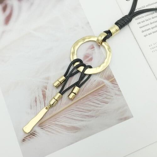 Fashion Alloy Circle Pendant Necklace Long Black Rope Chain Jewelry Party Tassel Necklaces