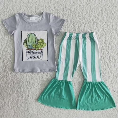 Fashion Baby Toddler Girls Clothes Sets Green Cactus printed Bell Bottom Pants clothing RTS Spring Outfits Wholesale RTS
