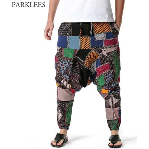 Mens Baggy Hippie Yoga Harem Pants African Pattern Print Drop Crotch Genie Boho Pants Men Cotton Casual Joggers Sweatpants 3XL