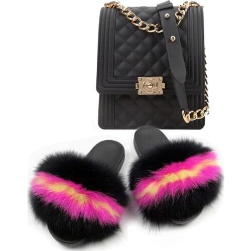 New Womens Rainbow Jelly Bag Match Magical Fluffy Fur Slippers Holidy Beach Portable Satchel Colorful Plush Fur Flip Flops Hot