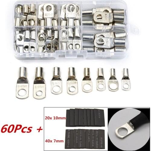 120PCS Bare Copper Lug Splice Crimp Terminals Ring 6-25mm Battery Welding Electrical Cable Wire Connectors Kit & Shrink Tube
