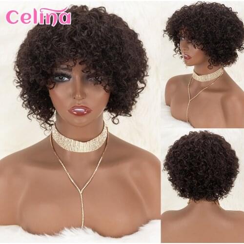 Water Wave Human Hair Wigs With Bangs For Black Women Pixie Cut Wigs Brazilian Hair Short Curly Bob Human Hair Wig Free Shipping