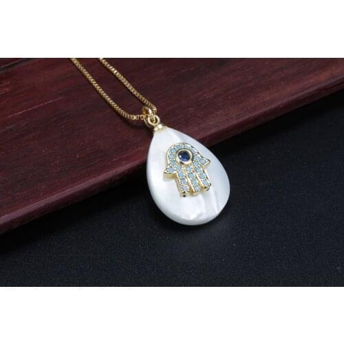 Daily jewelry gold palm sign mix cz glass paved charm white water drop mother pearl shell pendant & choker necklace for women