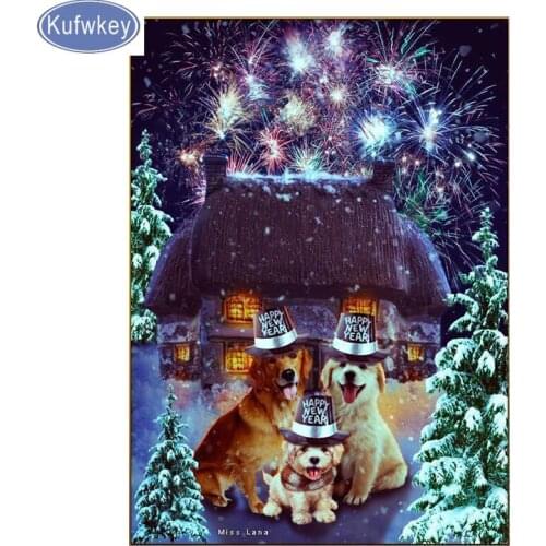 Happy New year full Square/Round diamond painting dogs DIY diamond embroidery Cross Stitch Rhinestone Mosaic Decoration Gift