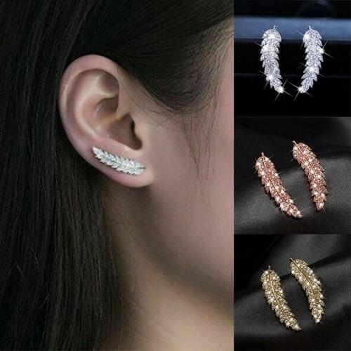 2021 New Girls Stud Earrings Fashion Feather Gold Silver Color Temperament Bling Crystal Rhinestone Earring Accessories Gifts