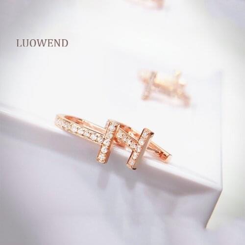 LUOWEND Real 18K Solid White Gold Stud Earrings T Word Shape Female Diamond Earring Engagement Party Jewelry Design