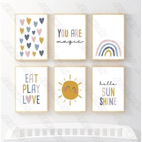 Sun rainbow alphabet cartoon poster nordic style wall art canvas print painting modern children bedroom decoration