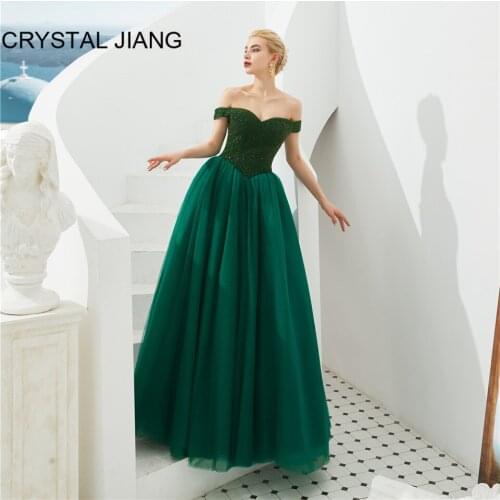 Formal Evening Dress Off the Shoulder Crystal Beaded Custom made Ball Gown Green Tulle Luxury Wedding Guest Dresses