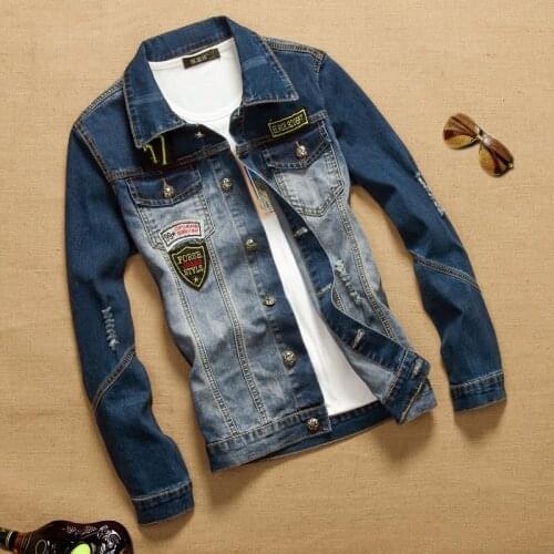 Tsingyi Whiten Distressed Hole Badge Elasticity Denim Jacket Men Slim Fit Turn-down Collar Long Sleeve Denim Bomber Mens Coats