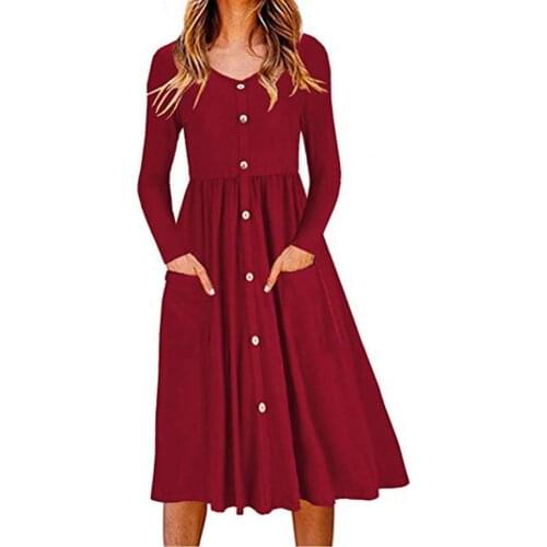Plus Size Women Dress New Autumn Solid Color Long Sleeve O Neck Pleated Hem With Pockets Casual Midi Dresses Party