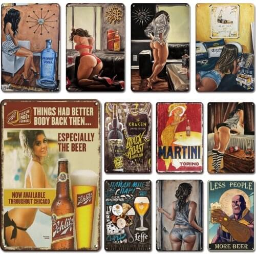 Vintage Beer Brand Poster Metal Wall Decorative Metal Plates Retro Kitchen Tiki Bar Tin Sign Decoration Plaque Chic Pin Up Girl