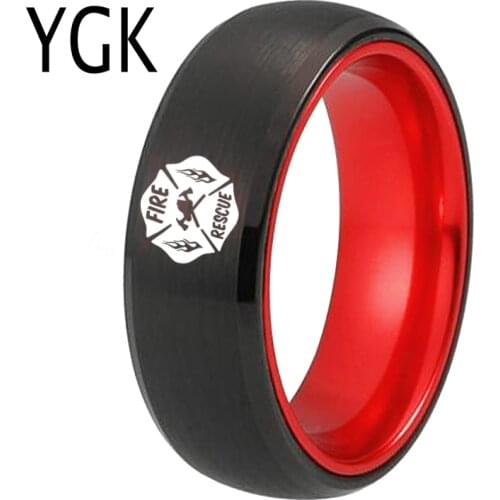 YGK Jewelry Fire Rescue LOGO Black Tungsten with Red Anodized Aluminum Ring New Mens Wedding Engagement Anniversary Gift Ring