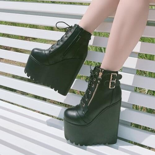 Woman Lace Autumn Boots Womens Ladies Chunky Wedge Platform Black Patent Leather Ankle Boots Punk Goth New Arrival 2020