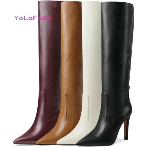 2021 Autumn Winter Women Knee High Boots Pointed Toe Thin High Heel Ladies Calf Boots Faux Leather High Quality Womens Boots