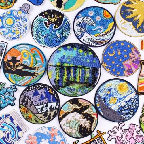 Prajna Van Gogh Wave Applique Iron On Patches on Clothes outdoor Embroidered Patches For Clothing Stickers Round Patch Badges