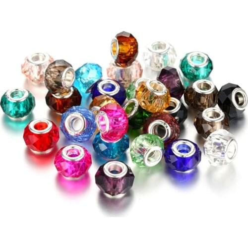 10 Pcs/Lot 14*8mm Cut Faceted Mixed Color Round Core Big Hole Crystal Glass Beads Charms Fit Pandora Bracelet for Jewelry Making