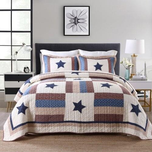 CHAUSUB Quilted Bedspreads For Bed Quilts 3PCS Cotton Quilt Set Star Patchwork Bed Cover Sheets Pillowcase King Queen Coverlet