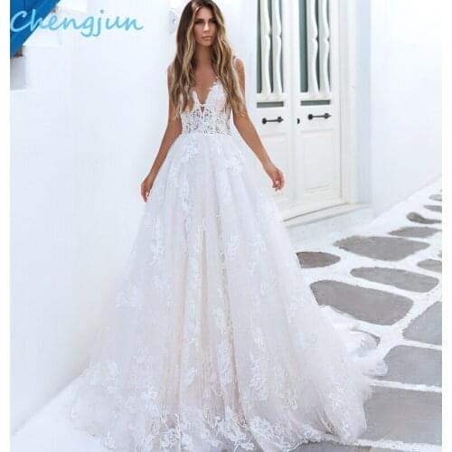 Chengjun V Neck sleeveless Sexy Bridal French Lace Wedding Dress