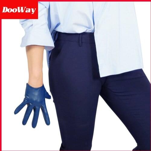 DooWay Women Faux Leather Short Gloves 6-inches Winter Warm Evening Driving Navey Blue
