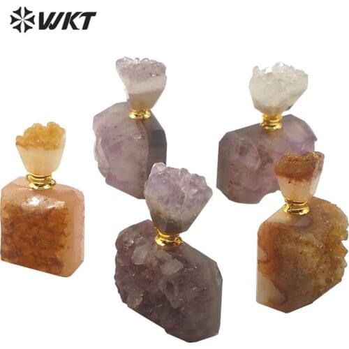 WT-P1510 New ! natural Perfume Bottle pendant Druzy Lids With Gold Electroplated clasp raw stone bottle fashion woman gift 1PC
