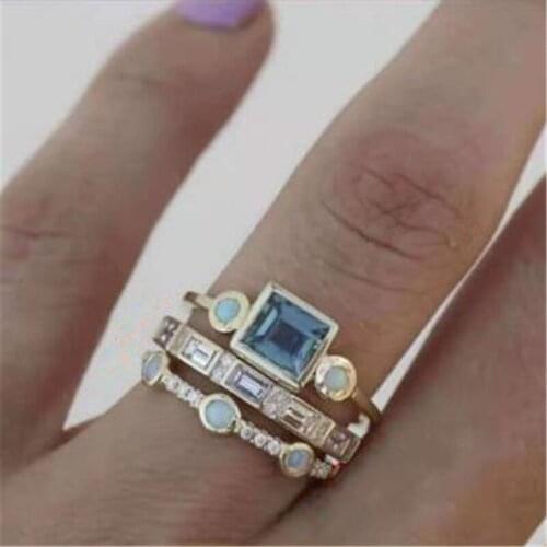 3 PCS Trendy Blue Cubic Zircon Wedding Ring Set For Women Party Engagement Jewelry Copper Hand Accessories Size 5-11